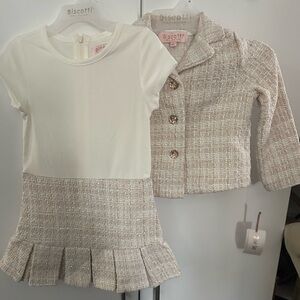 NWT Girls 4 Biscotti Collezioni 2 piece Dress Jacket Coat Set Gold White Pageant